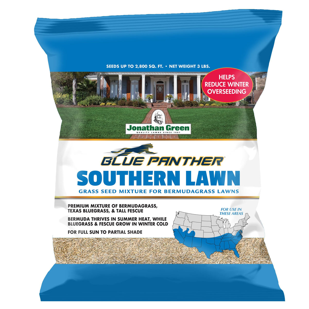 Jonathan Green Blue Panther seed bag in sunlight shows a premium warm-season mix for resilient lawns.