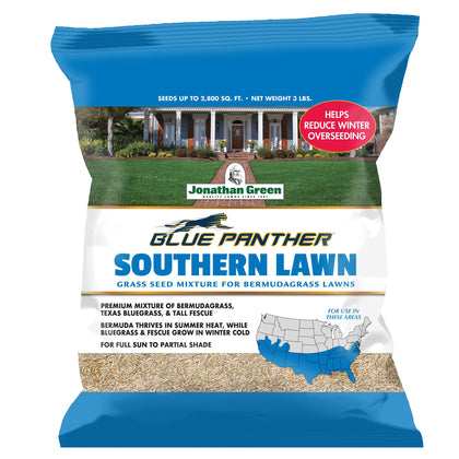Jonathan Green Blue Panther seed bag in sunlight shows a premium warm-season mix for resilient lawns.