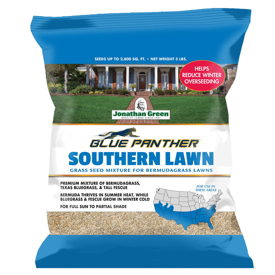 Jonathan Green Blue Panther seed bag in sunlight shows a premium warm-season mix for resilient lawns.