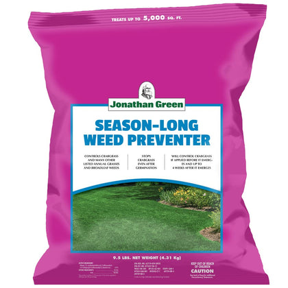 Jonathan Green Season-Long Weed Preventer bag and spreader ready for lawn application.