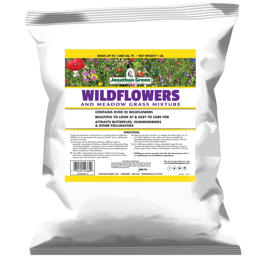 Jonathan Green Wildflower & Meadow Seed Mix package front shows variety for color-rich landscapes.