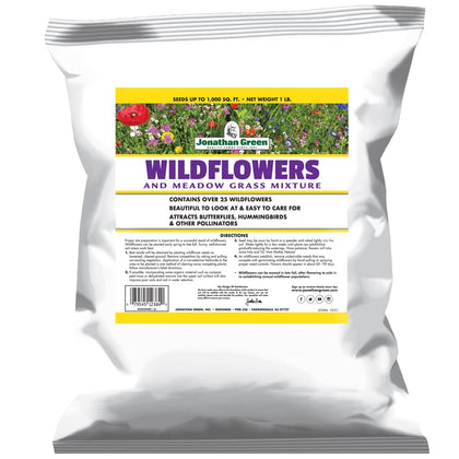 Jonathan Green Wildflower & Meadow Seed Mix package front shows variety for color-rich landscapes.