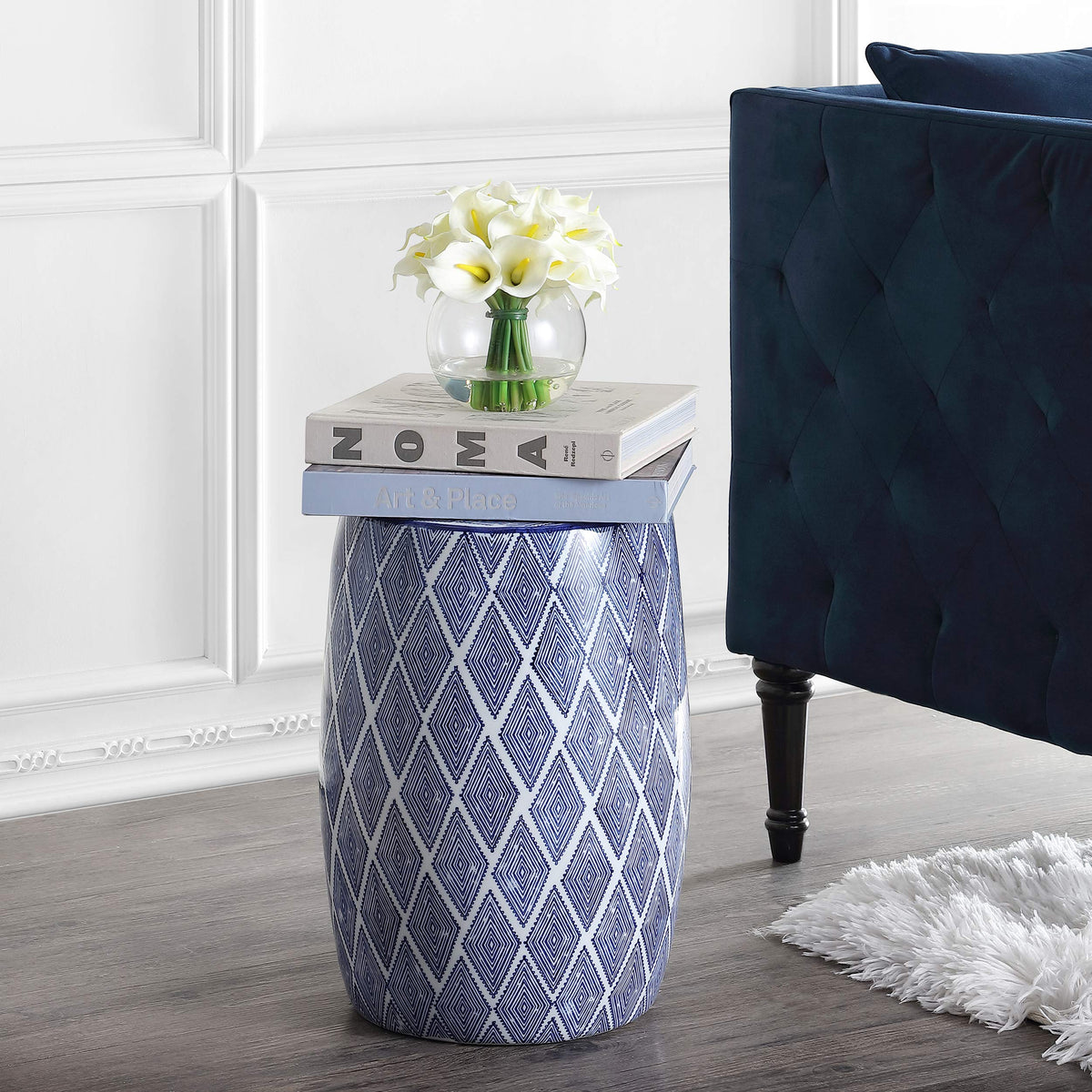JONATHAN Y blue-white diamond-pattern stool complements coastal decor