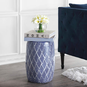 JONATHAN Y blue-white diamond-pattern stool complements coastal decor
