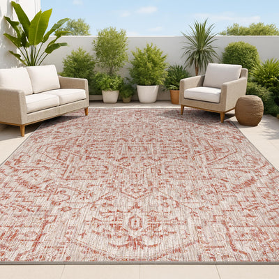 Jonathan Y boho medallion rug 5x8 with red taupe tones for outdoor patios.