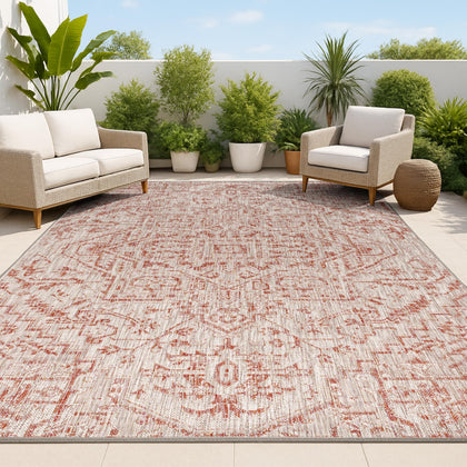 Jonathan Y boho medallion rug 5x8 with red taupe tones for outdoor patios.