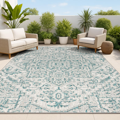 JONATHAN Y Boho Medallion Rug in teal-gray 5x8 with star motif for outdoor spaces