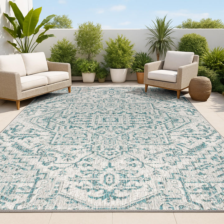 JONATHAN Y Boho Medallion Rug in teal-gray 5x8 with star motif for outdoor spaces