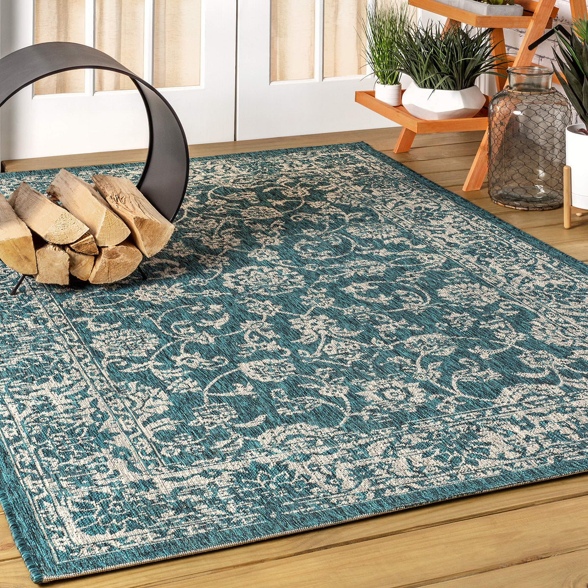 Jonathan Y Weave Floral rug in teal for porch, patio, easy maintenance