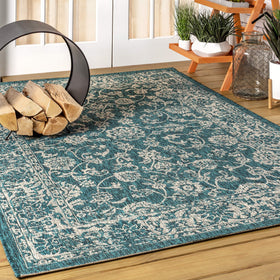 Jonathan Y Weave Floral rug in teal for porch, patio, easy maintenance
