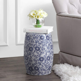 Jonathan Y Lotus Blossom ceramic drum stool with blue-and-white pattern.