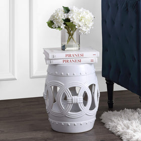 Close-up of JONATHAN Y TBL1022A white glaze finish on ceramic drum stool