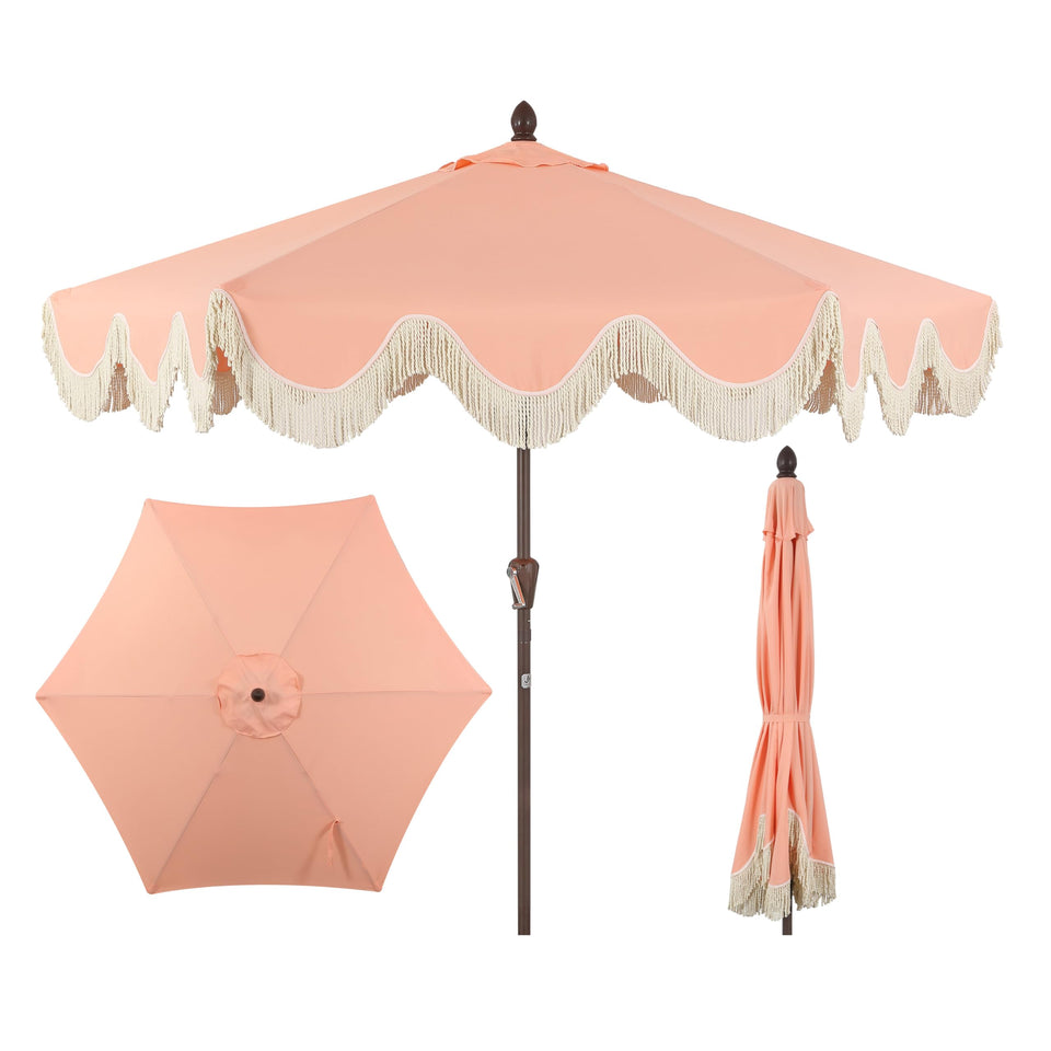 JONATHAN Y Collins coral pink umbrella provides bright shade and coastal cottage style