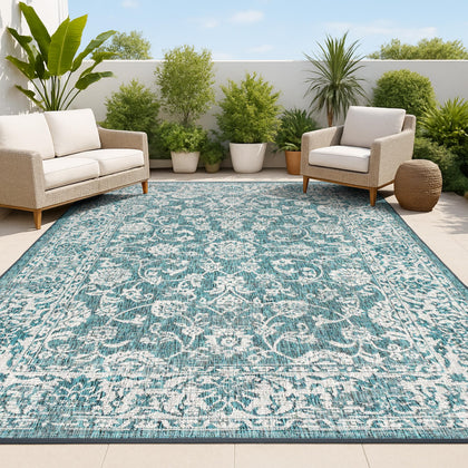 Jonathan Y Weave Floral outdoor rug in teal-gray palette for patios