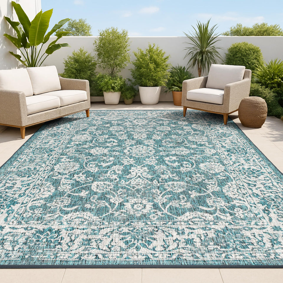 Jonathan Y Weave Floral outdoor rug in teal-gray palette for patios