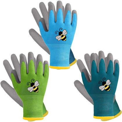 Joottuan kids gardening gloves green closeup showing snug fit and breathable fabric.