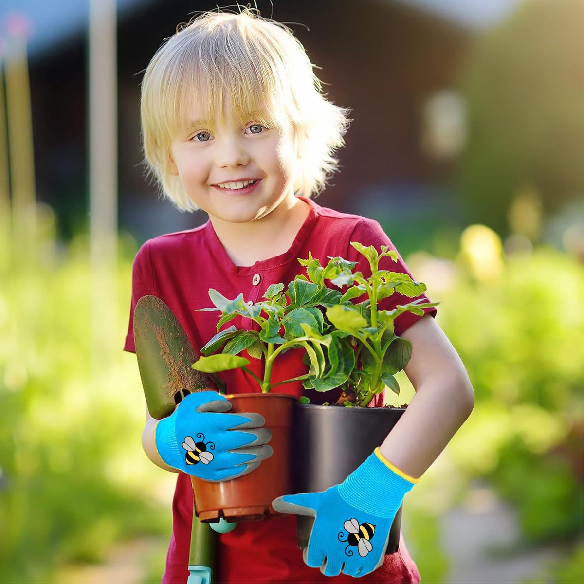 Joottuan kids gardening gloves turquoise closeup emphasizing extended cuff keeps dirt out.