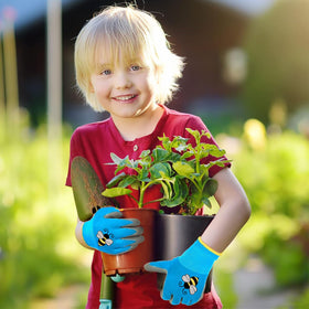 Joottuan kids gardening gloves turquoise closeup emphasizing extended cuff keeps dirt out.