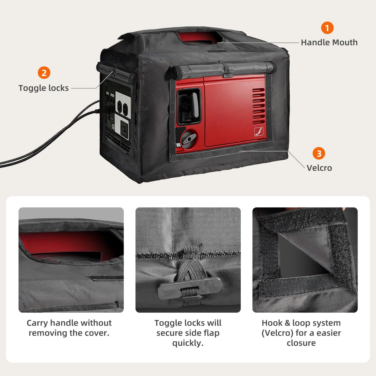 Joramoy generator cover storage pocket demonstrates convenient cord organization.