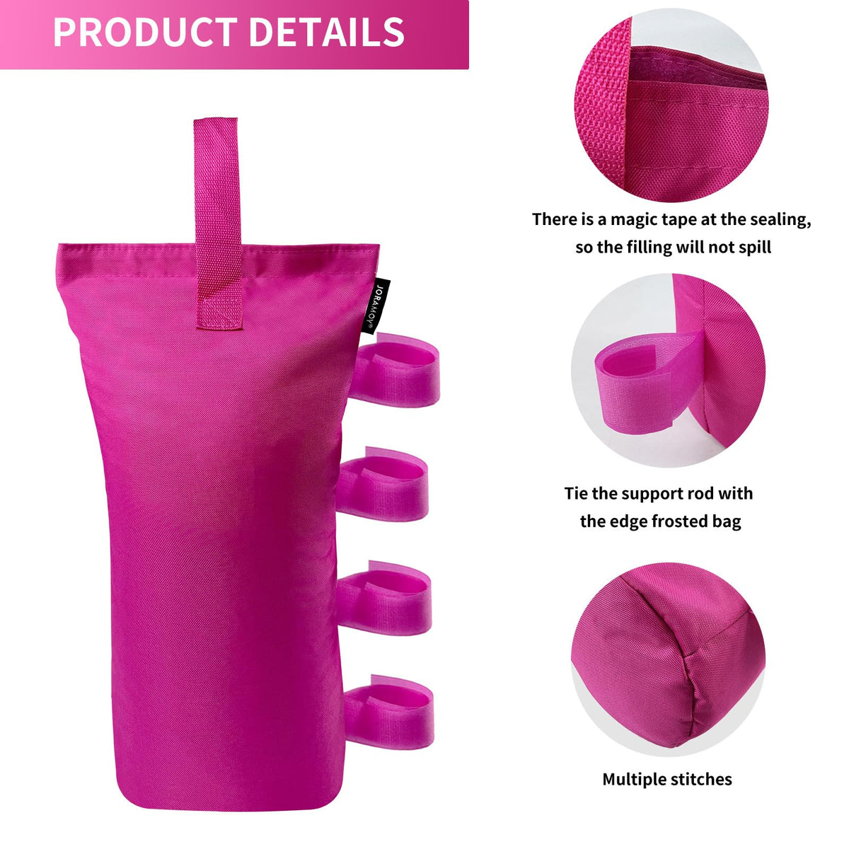 Joramoy canopy weight bag secured with Velcro strap to leg