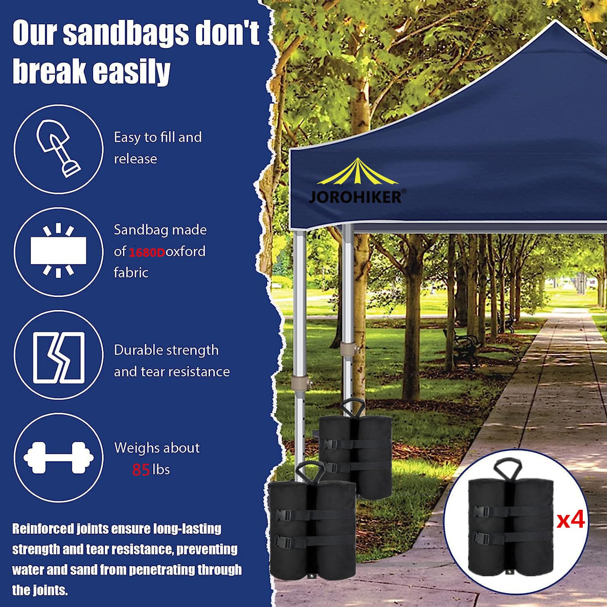 Jorohiker 1680D heavy-duty leg weights securing a pop-up canopy.