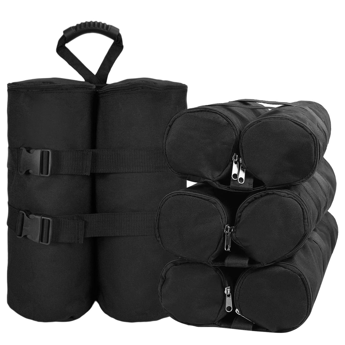 Jorohiker weight bags on canopy legs for wind stability.