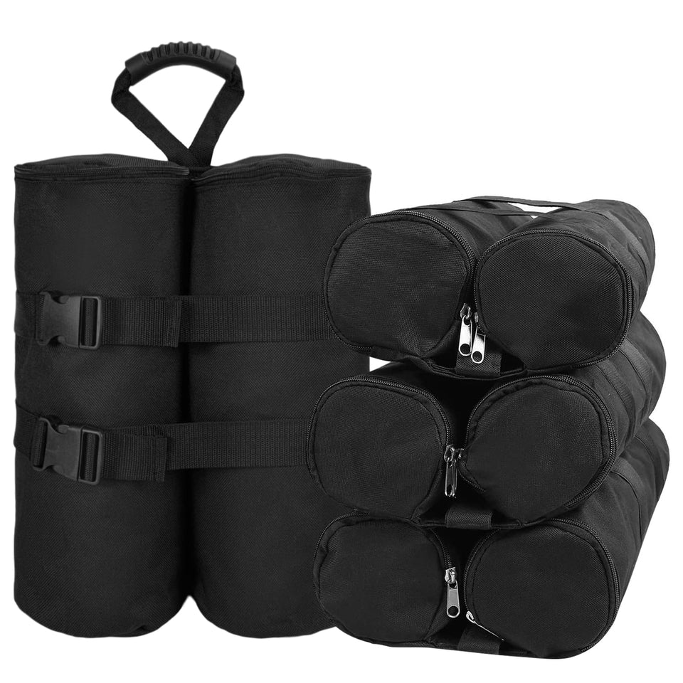 Jorohiker weight bags on canopy legs for wind stability.