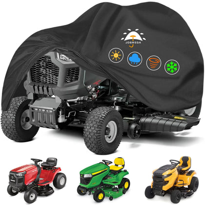 JosMega riding lawn mower cover on mower providing universal fit and weather protection.