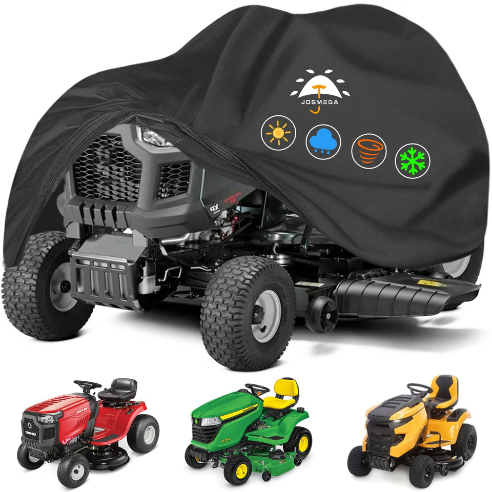 JosMega riding lawn mower cover on mower providing universal fit and weather protection.