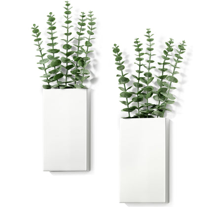 Josmimic 2-pack white metal wall planters with eucalyptus for indoor greenery display