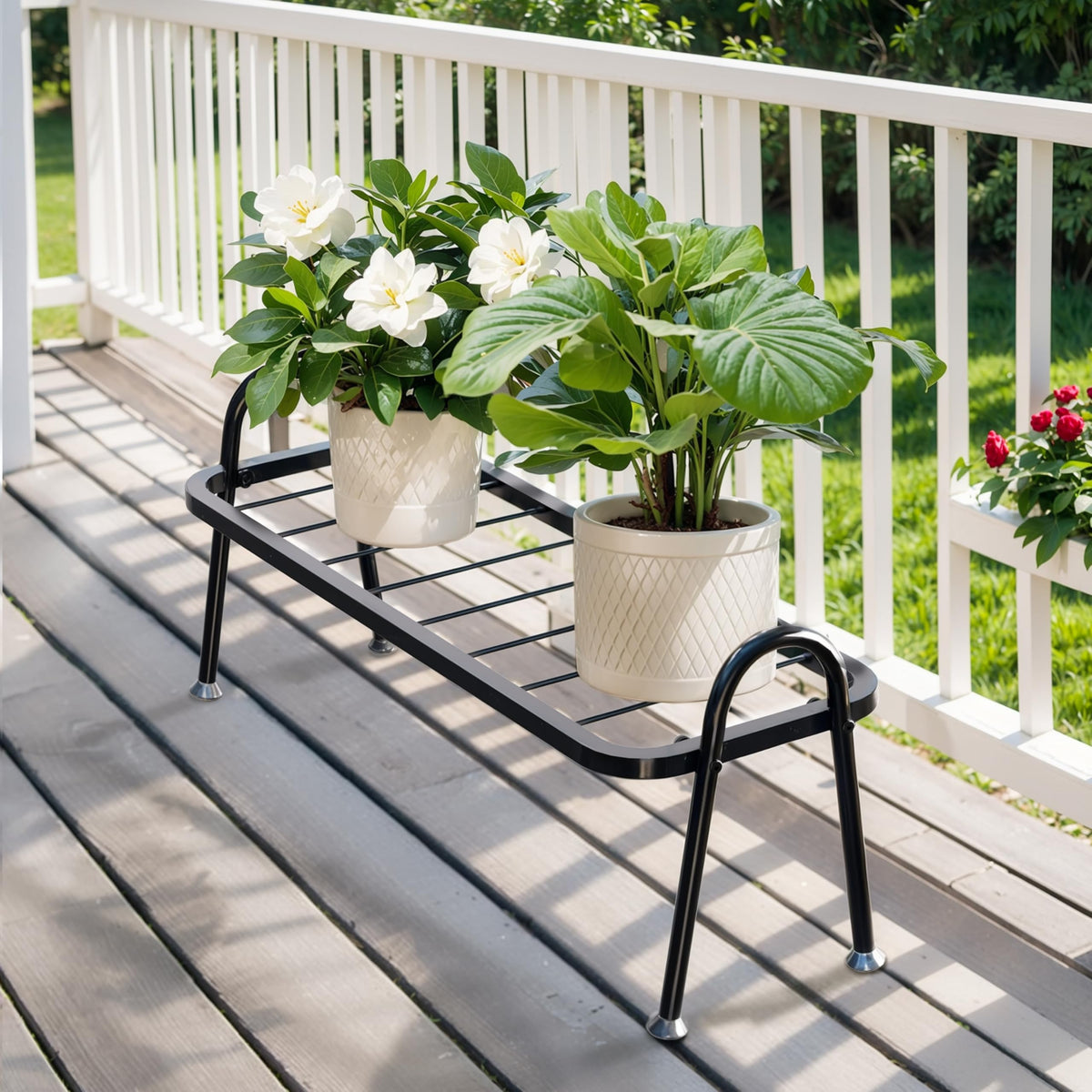 Josmimic heavy-duty plant shelf for outdoor spaces provides sturdy support on patios.