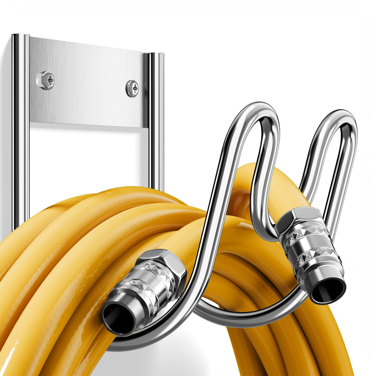Josmimic wall-mounted hose holder in stainless steel ready for outdoor use.