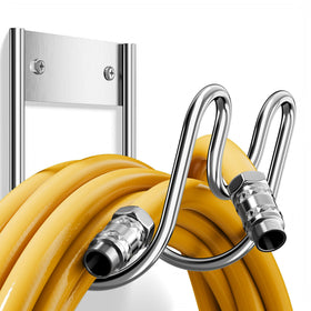 Josmimic wall-mounted hose holder in stainless steel ready for outdoor use.