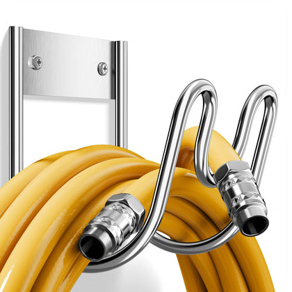 Josmimic wall-mounted hose holder in stainless steel ready for outdoor use.