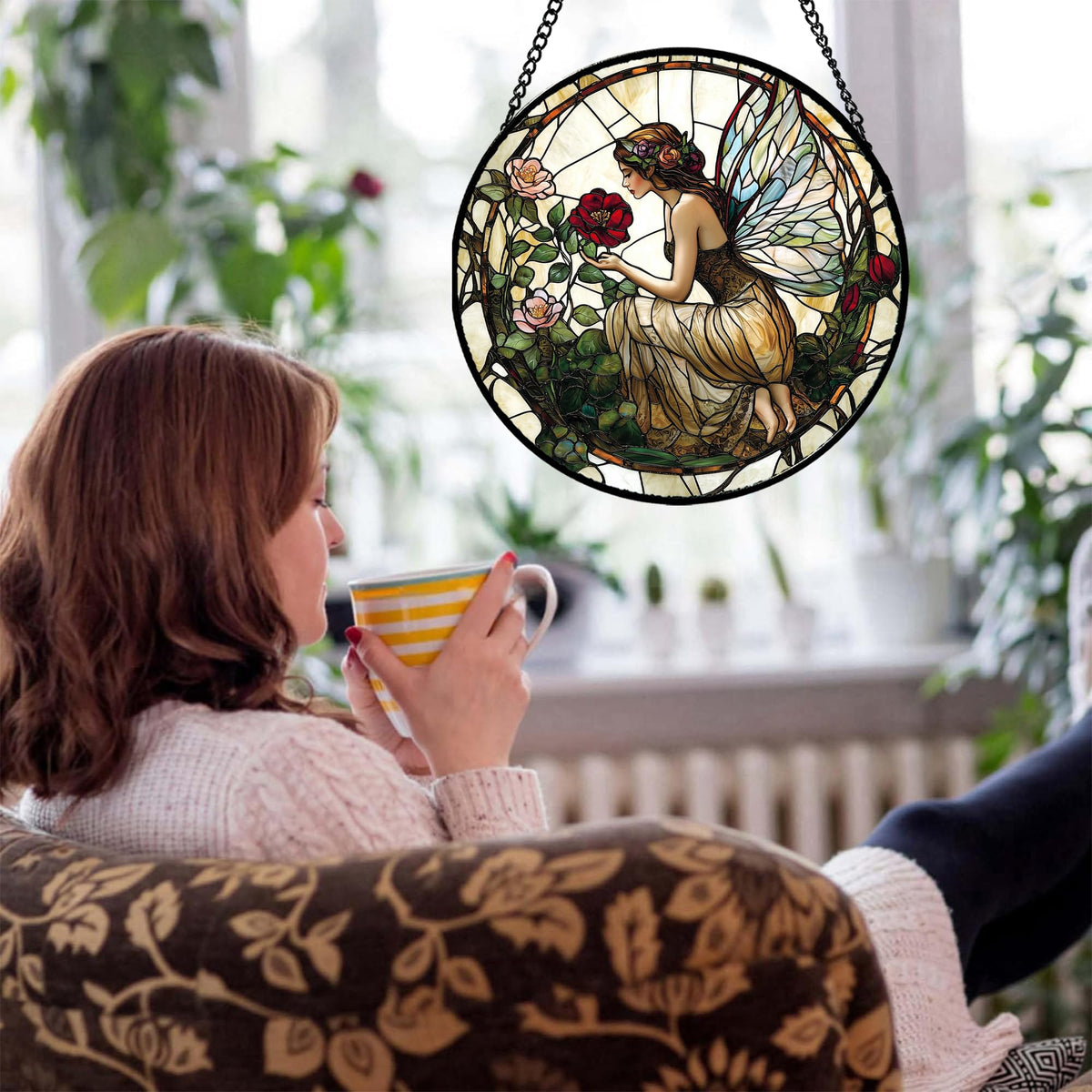 JOSUMALY stained-glass flower suncatcher brightens rooms with warm light.