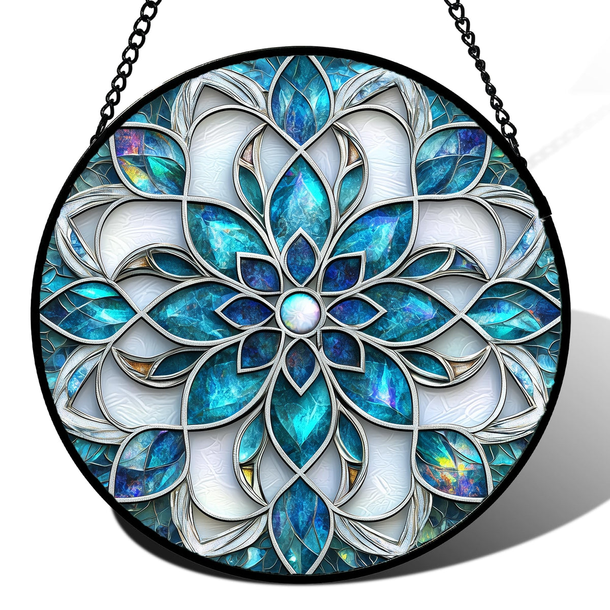 Josumaly stained glass window hanging with blue white abstract flowers brightens the living room