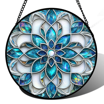 Josumaly stained glass window hanging with blue white abstract flowers brightens the living room