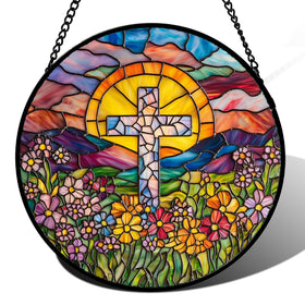 JOSUMALY stained glass window hanging cross flower sea creates a vibrant focal point in living rooms.