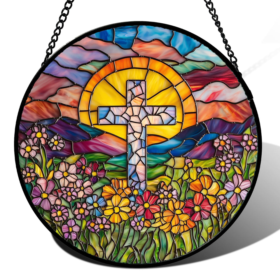JOSUMALY stained glass window hanging cross flower sea creates a vibrant focal point in living rooms.