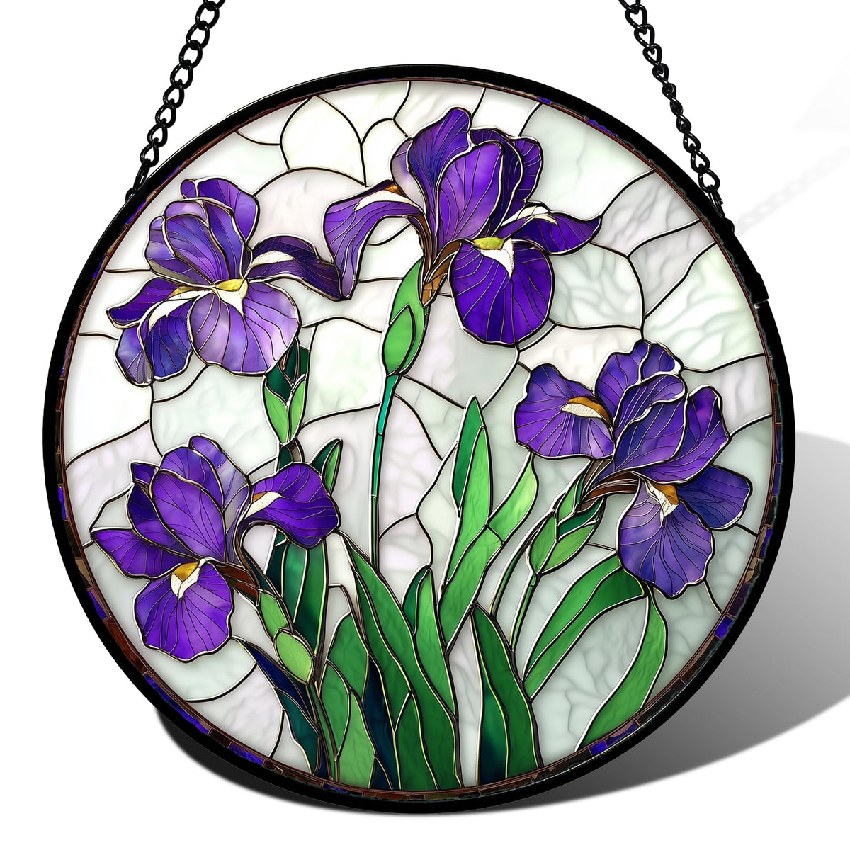 JOSUMALY Purple Iris stained glass window hanging enhances sunlight with colorful decor.