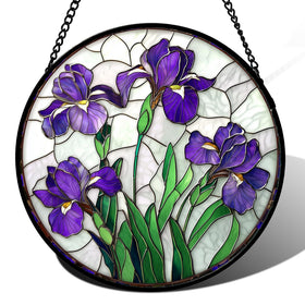 JOSUMALY Purple Iris stained glass window hanging enhances sunlight with colorful decor.