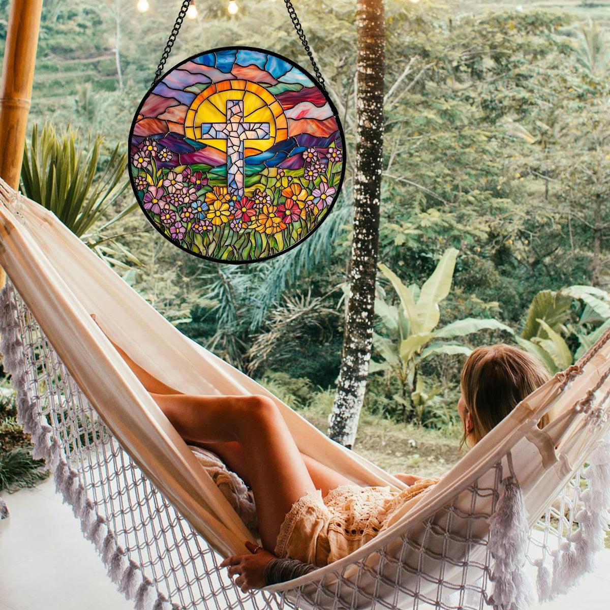 JOSUMALY sun catcher window hanging with UV-printed colors that stay bright in sunlight.