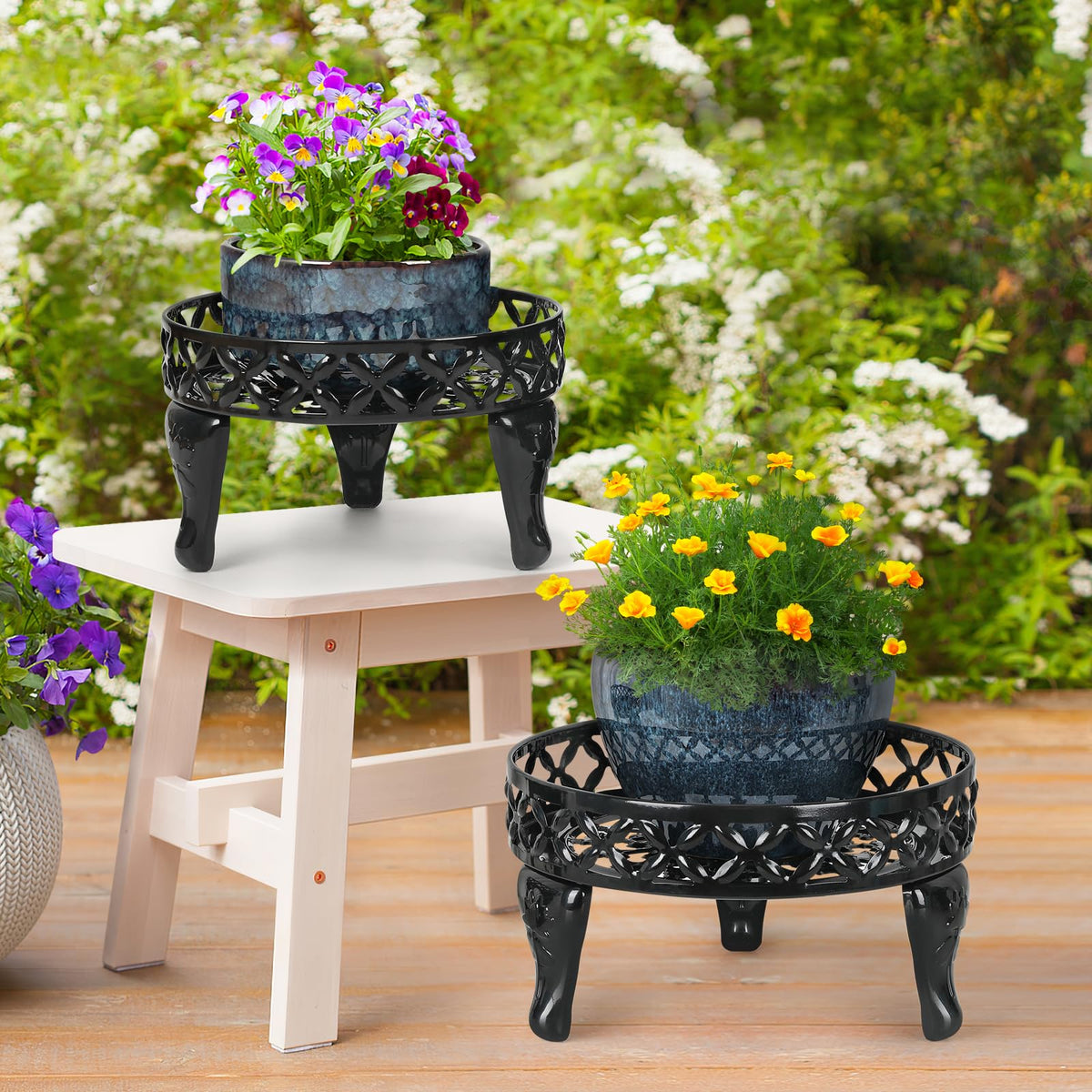 Jotboom metal plant stand in matte black complements decor indoors and outdoors.