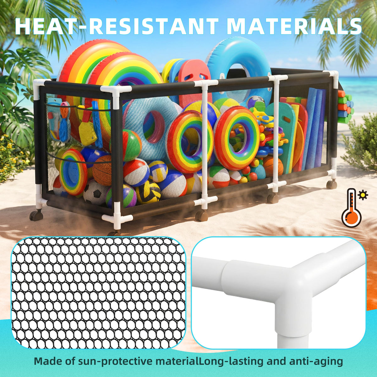Jotesnew bin with wheels enables easy movement around poolside