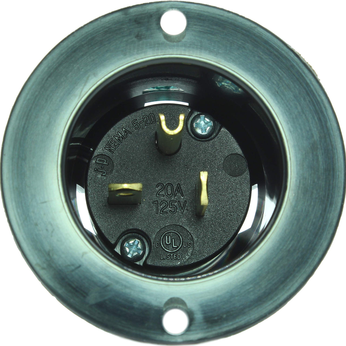 Journeyman-Pro 5378 back view of flanged inlet, shows wiring access and weather-ready design for marine use.