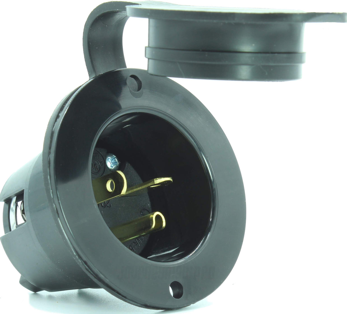 Journeyman-Pro 5378 front view of the 20A NEMA 5-20 flanged inlet, rugged black housing ideal for RVs.