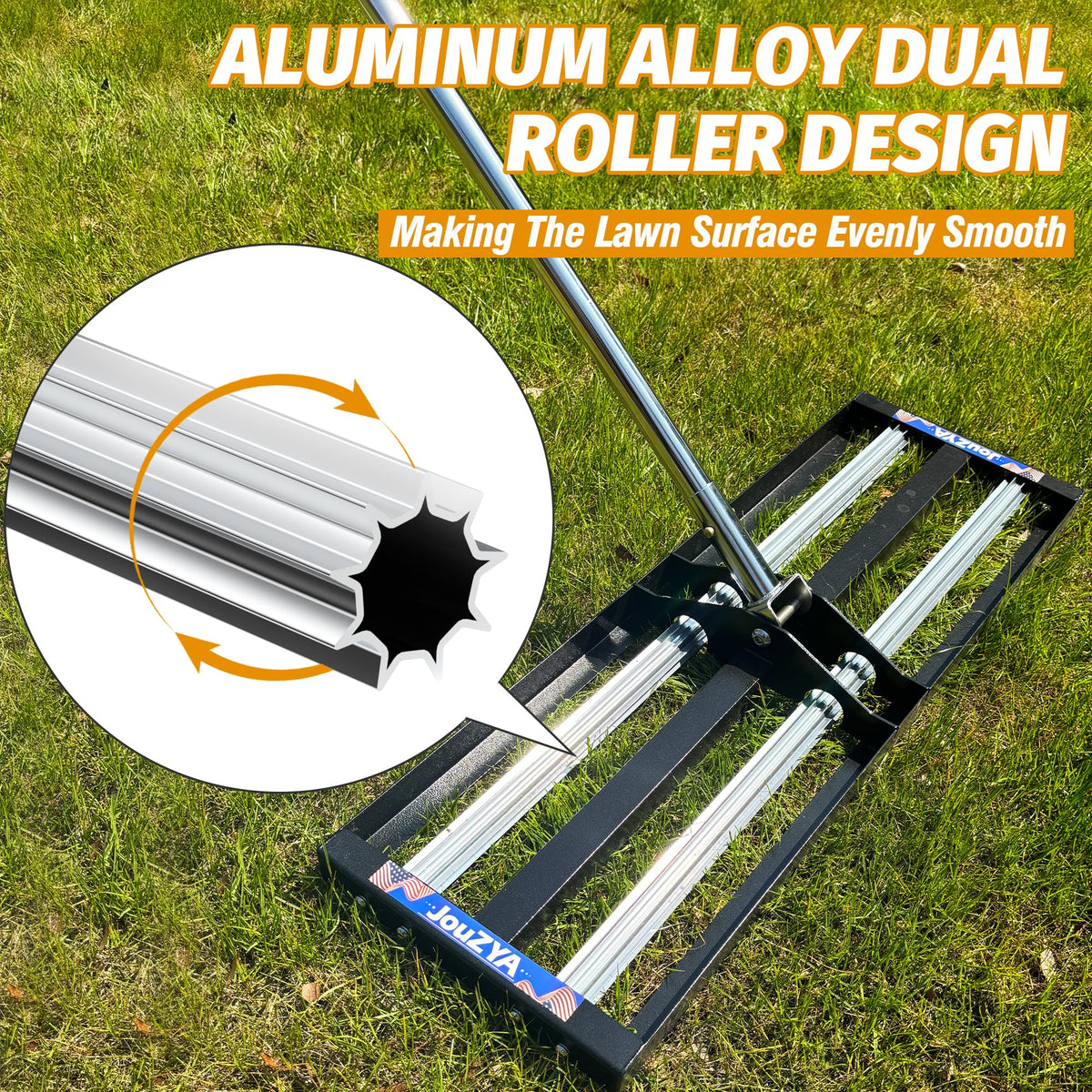 JouZYA adjustable handle extends to 80 inches for tall lawns