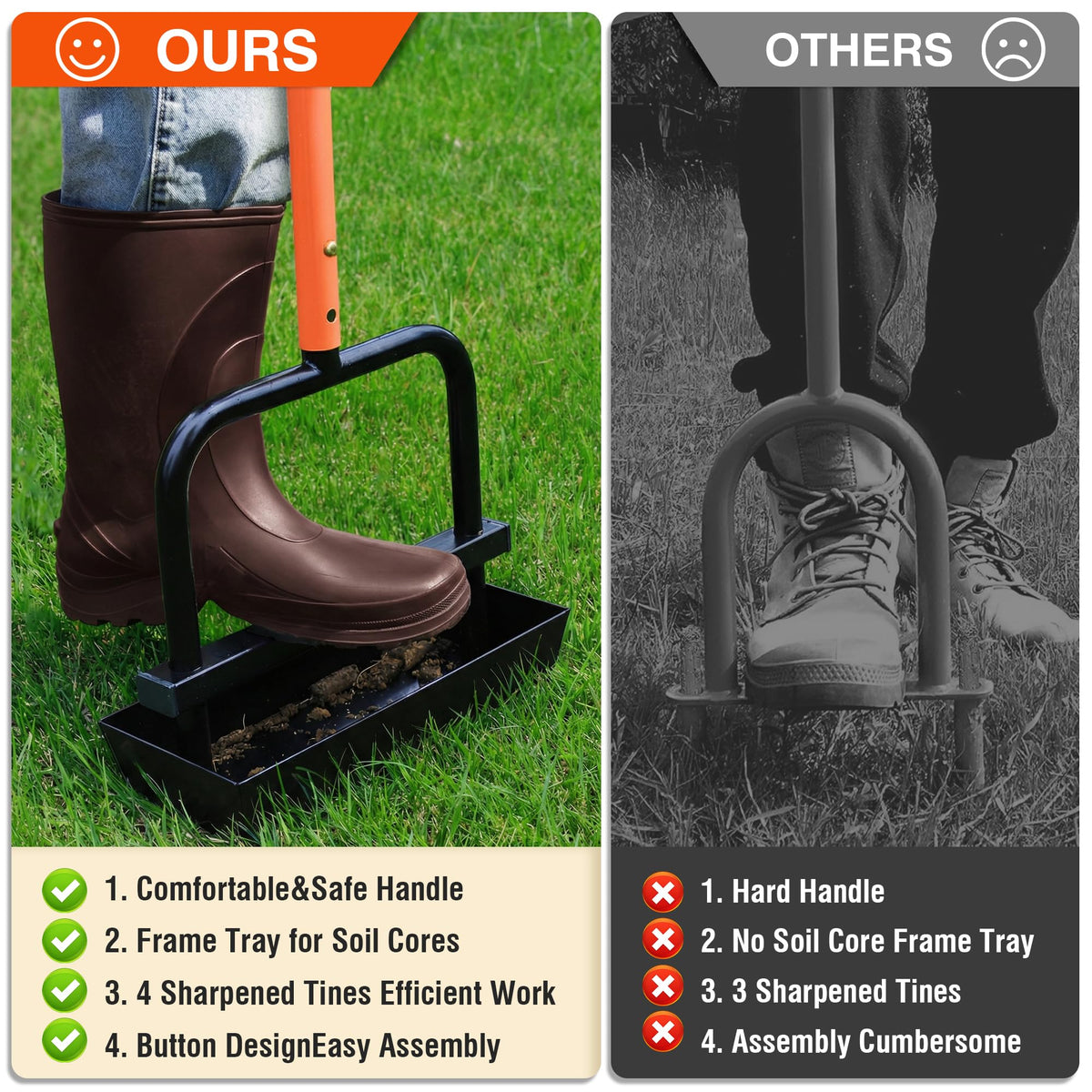 JouZYA four-tine aerator penetrating compacted soil for deeper root access.