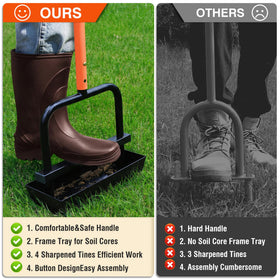 JouZYA four-tine aerator penetrating compacted soil for deeper root access.