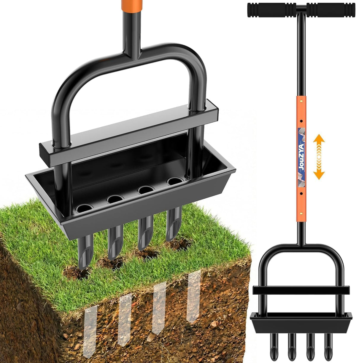 JouZYA lawn aerator with core tray for easy cleanup after aeration.